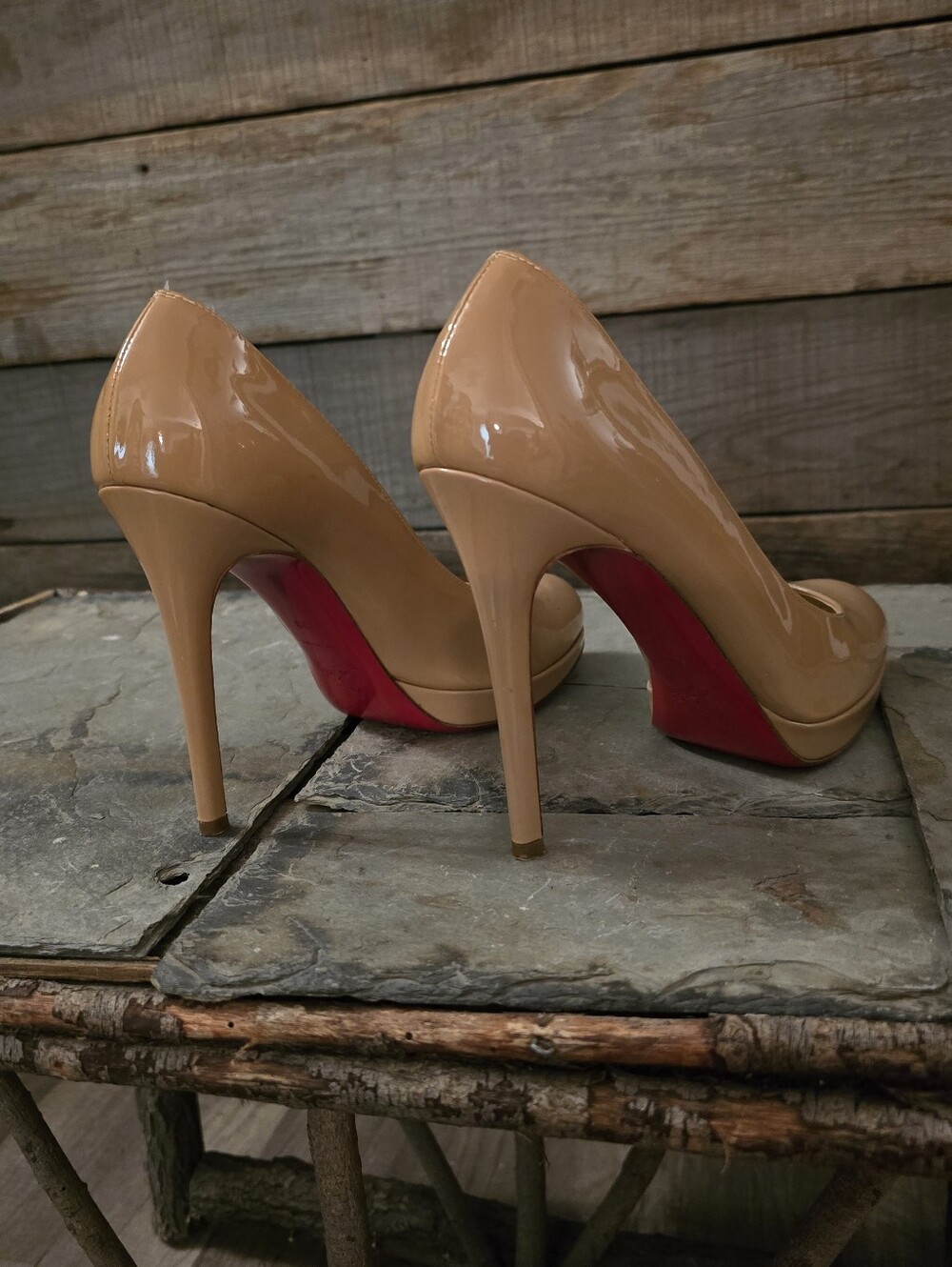 Christian Louboutin Nude Patent Stiletto Pumps with Signature Red Sole